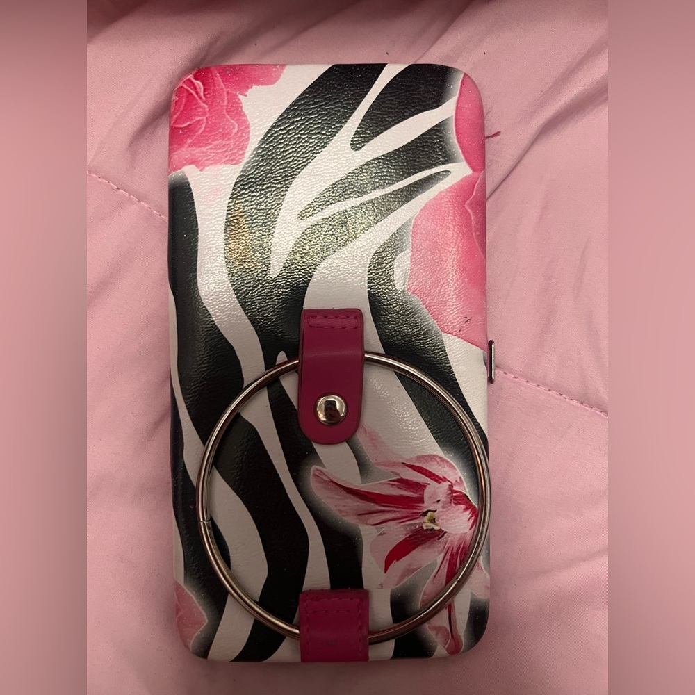 Zebra Print Wristlet with Pink Floral Accents